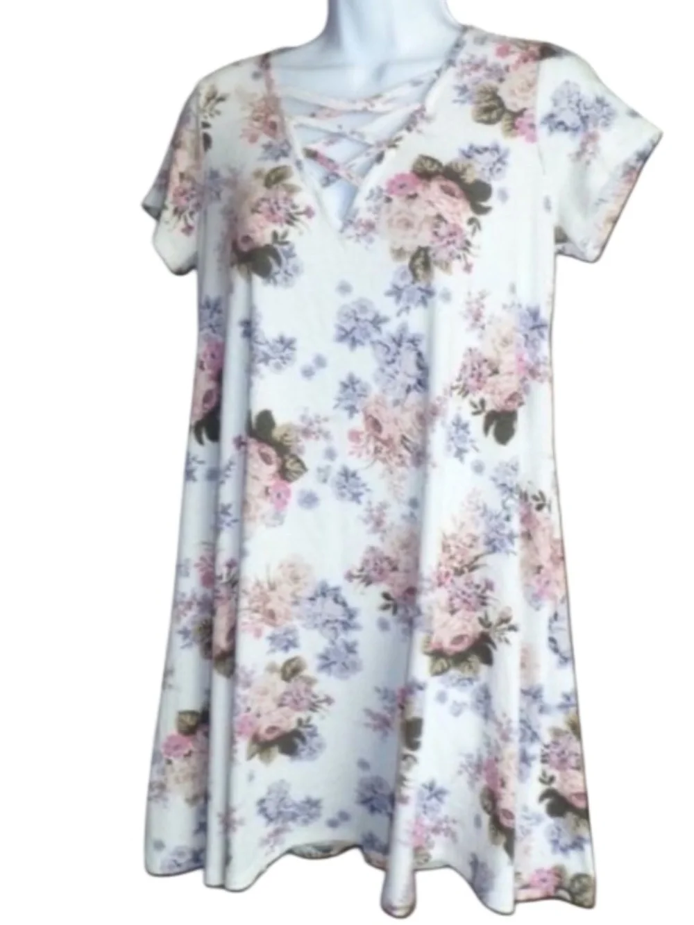 Love Fire, Short, A-Line Dress Strappy V-Neck, White Pink Purple Flower Summer M - Picture 6 of 9